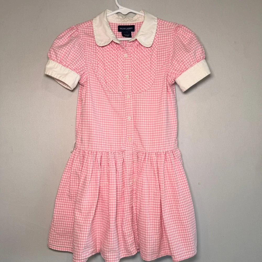 Ralph Lauren Cottegecore Dress Girls 5 Pink White Cotton Collar Pleated Bib Prep